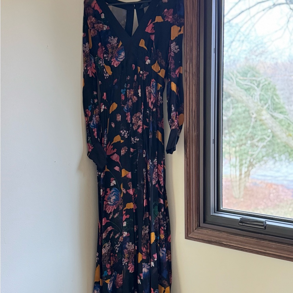 Anthropologie Black Floral Long-Sleeve Maxi Dress